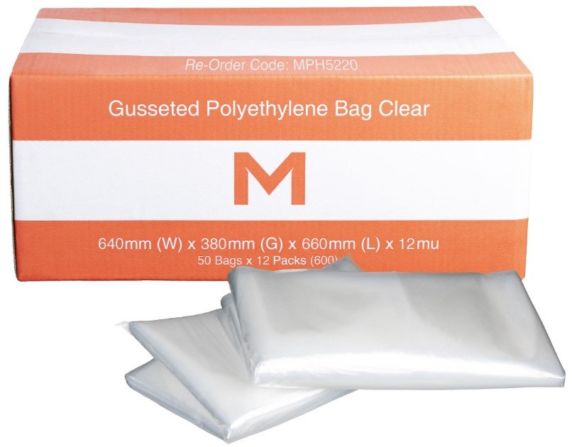 FP Gusseted Polyethylene Bag - Clear, 640mm x 380mm x 660mm x 12mu (Box of 600 Bags)