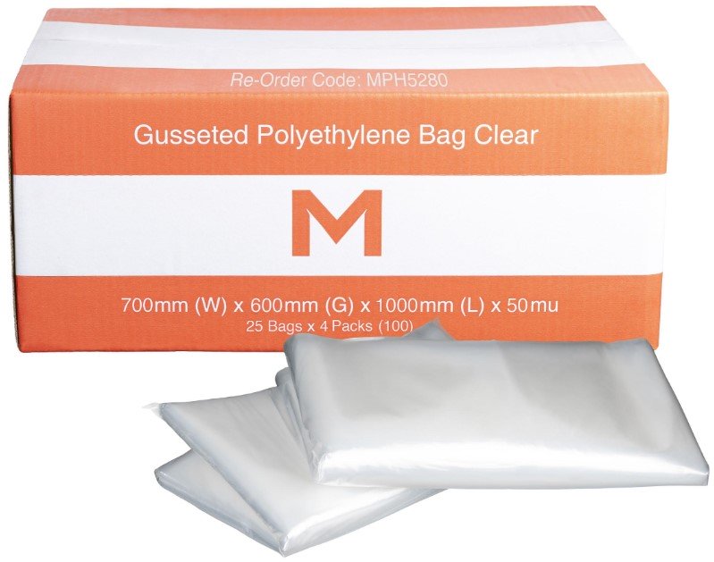 FP Gusseted Polyethylene Bag - Clear, 700mm x 600mm x 1000mm x 50mu (Box of 100 Bags)