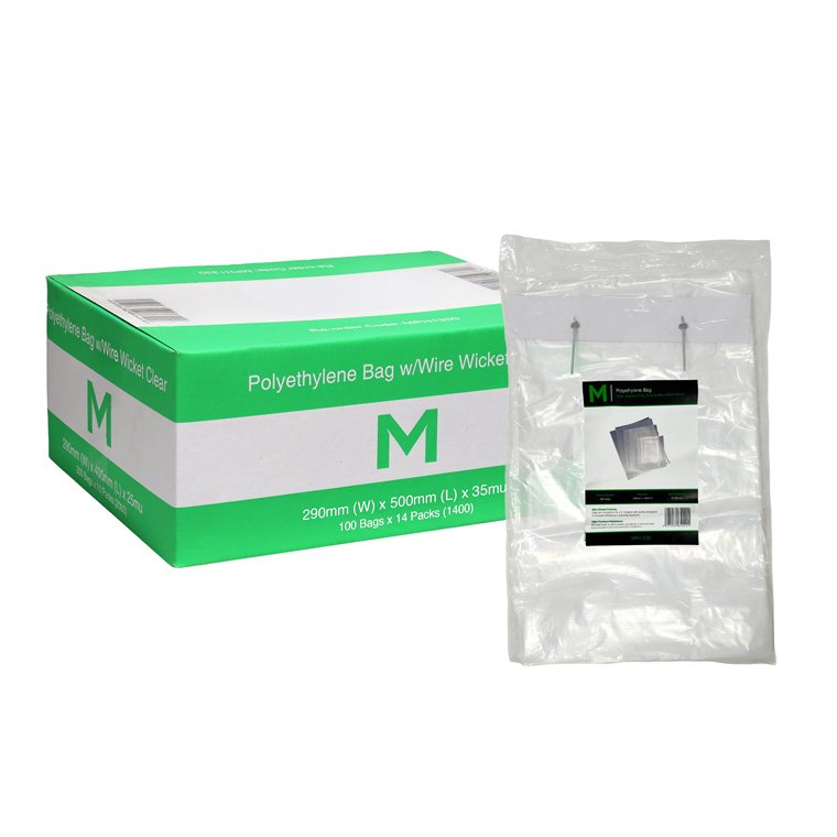 FP Polyethylene Bag w/Wire Wicket - Clear, 290mm x 500mm x 35mu (Box of 1400 Bags)
