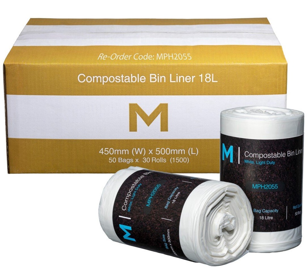 [MPH2055] POR Compostable Bin Liner 18L - White, 450mm x 500mm x 20mu (Box of 1500 Bags)