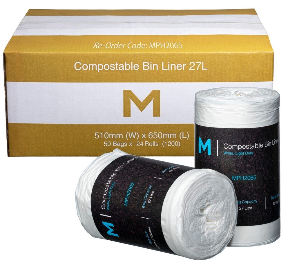 [MPH2065] POR Compostable Bin Liner 27L - White, 510mm x 650mm x 20mu (Box of 1200 Bags)
