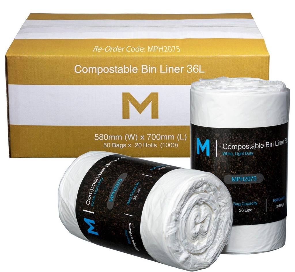 [MPH2075] POR Compostable Bin Liner 36L - White, 580mm x 700mm x 20mu (Box of 1000 Bags)