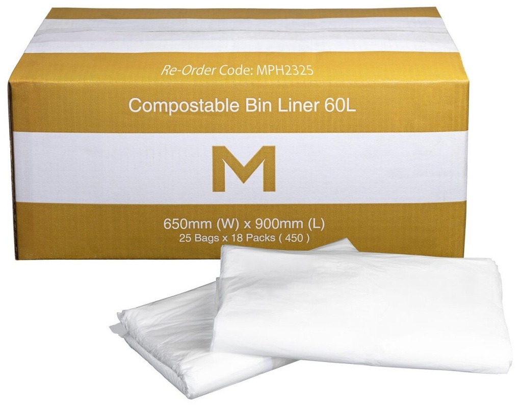 [MPH2325] FP Compostable Bin Liner 60L - White, 650mm x 900mm x 30mu (Box of 450 Bags)