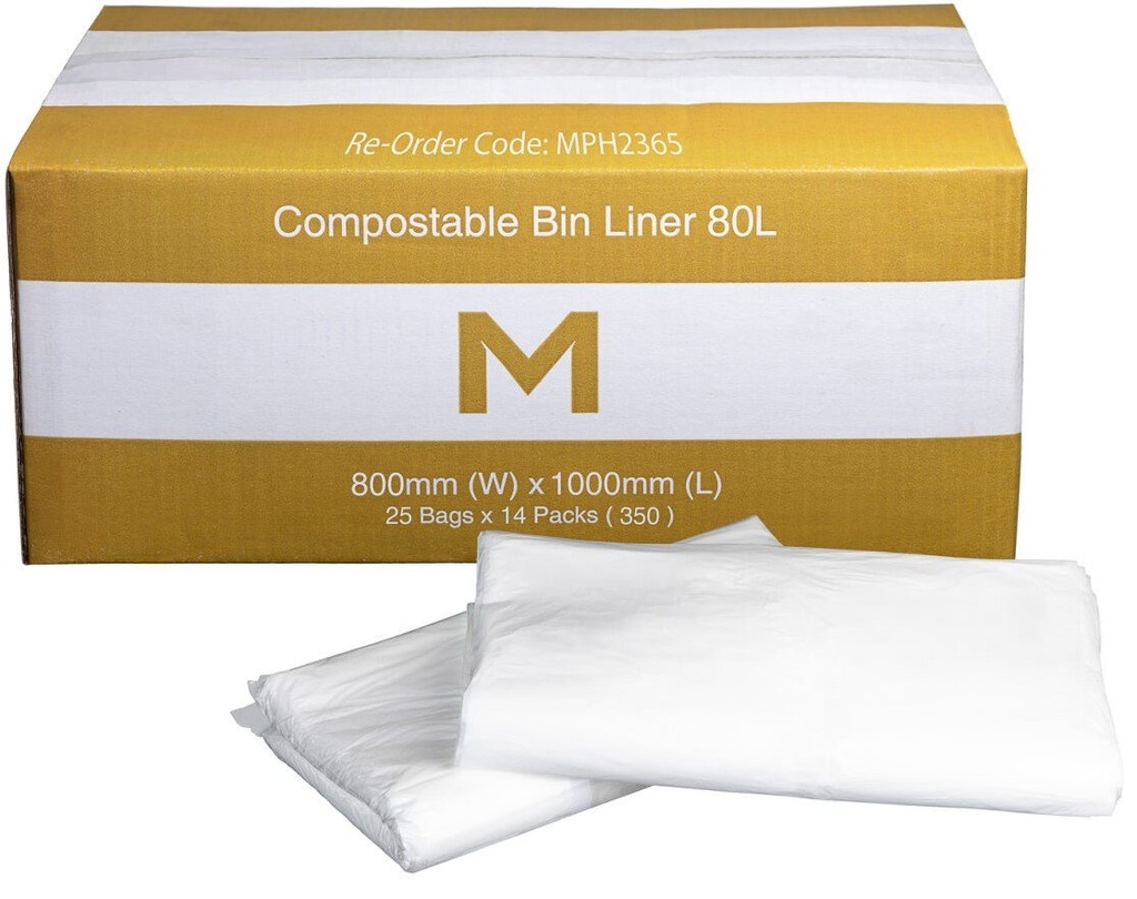 [MPH2365] FP Compostable Bin Liner 80L - White, 800mm x 1000mm x 30mu (Box of 350 Bags)