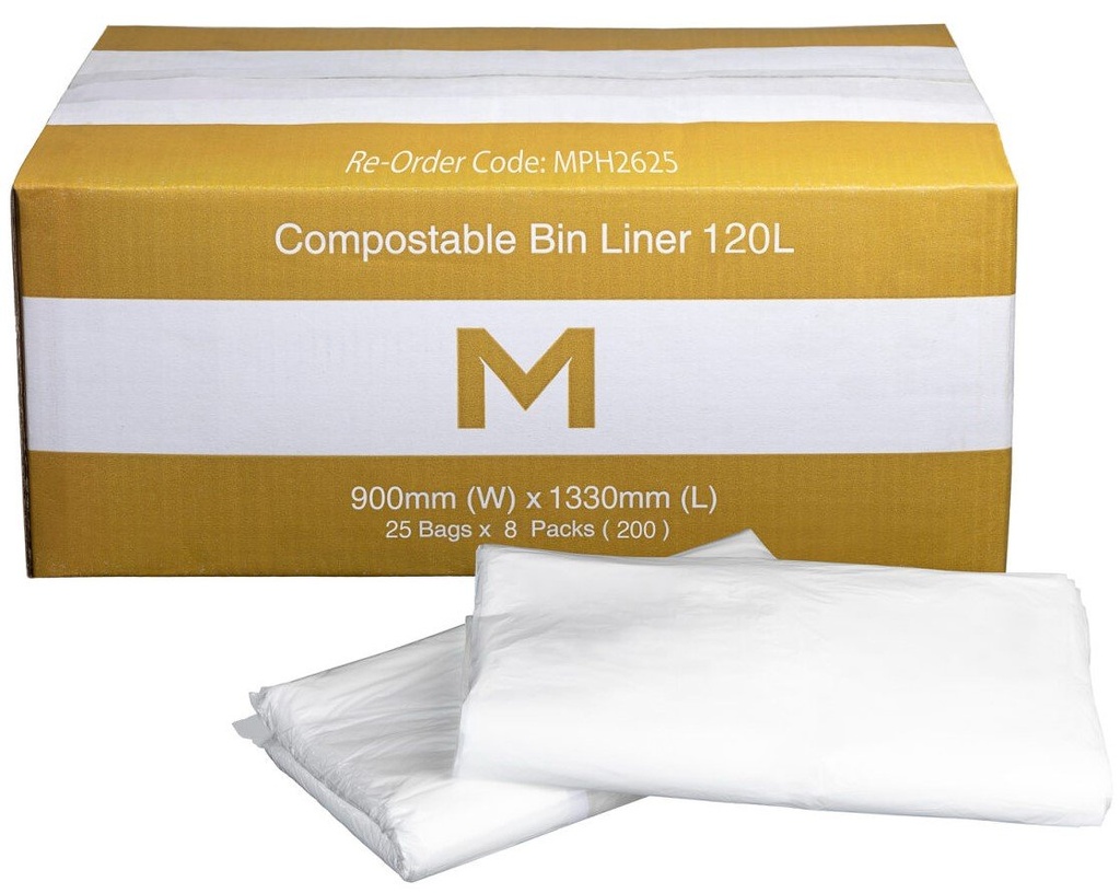 [MPH2625] FP Compostable Bin Liner 120L - White, 900mm x 1330mm x 30mu (Box of 200 Bags)