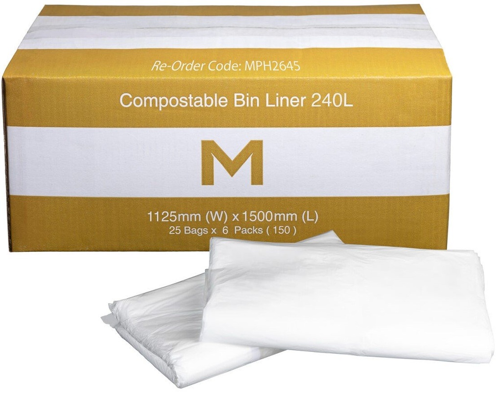 [MPH2645] FP Compostable Bin Liner 240L - White, 1125mm x 1500mm x 30mu (Box of 150 Bags)