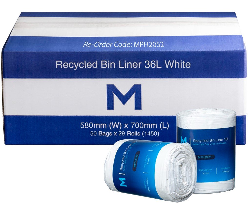 [MPH2052] POR Recycled Bin Liner w/Handles 18L - White, 450mm x 500mm x 15mu (Box of 1200 Bags)