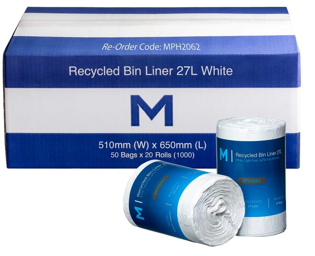[MPH2062] POR Recycled Bin Liner w/Handles 27L - White, 510mm x 650mm x 15mu (Box of 1000 Bags)