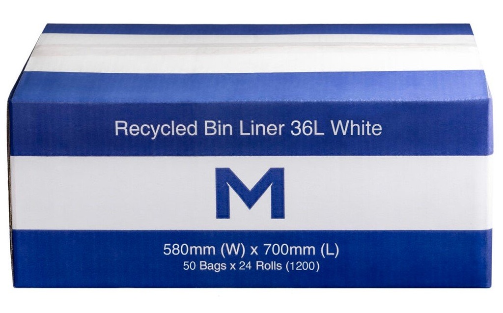 POR Recycled Bin Liner w/Handles 36L - White, 580mm x 700mm x 15mu (Box of 1000 Bags)