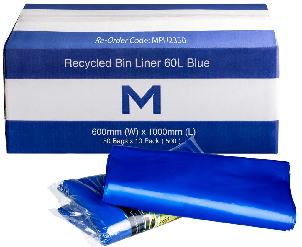 [MPH2330] FP Recycled Bin Liner w/Handles 60L - Blue, 600mm x 1000mm x 30mu (Box of 500 Bags)