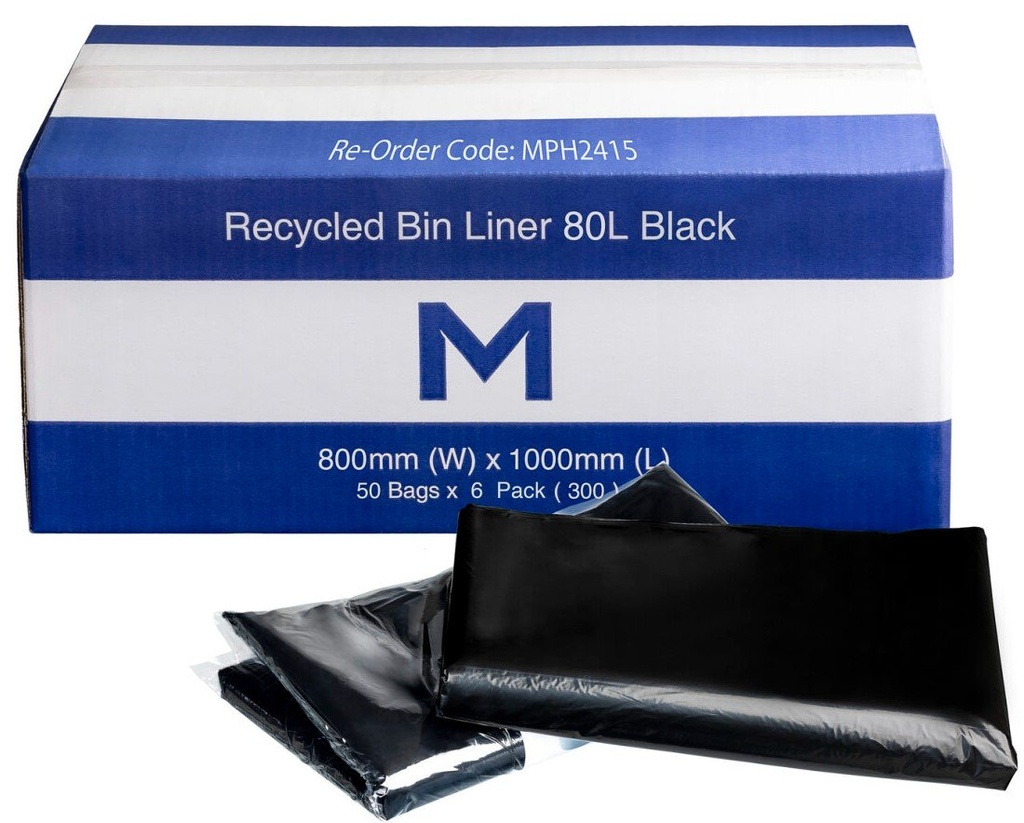 [MPH2415] FP Recycled Bin Liner w/Handles 80L - Black, 800mm x 1000mm x 30mu (Box of 300 Bags)