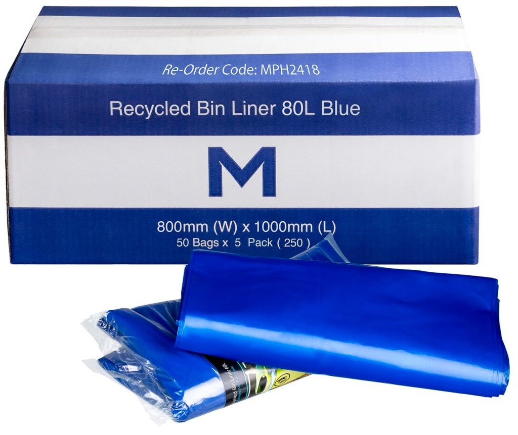[MPH2418] FP Recycled Bin Liner w/Handles 80L - Blue, 800mm x 1000mm x 40mu (Box of 250 Bags)