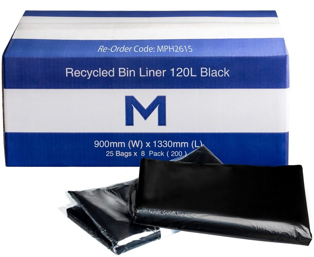 FP Recycled Bin Liner w/Handles 120L - Black, 900mm x 1330mm x 30mu (Box of 200 Bags)