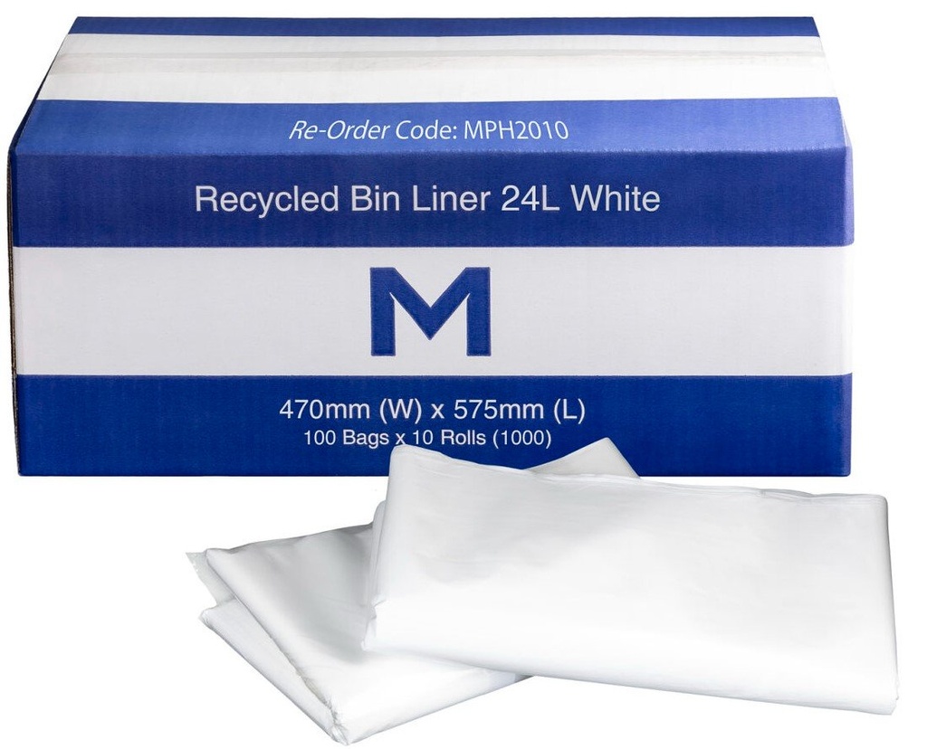 FP Recycled Bin Liner 24L - White, 470mm x 575mm x 30mu (Box of 1000 Bags)