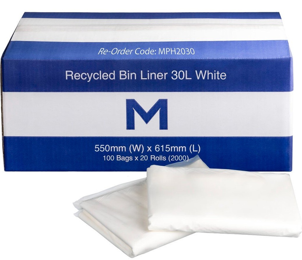 FP Recycled Bin Liner 30L - White, 550mm x 615mm x 11mu (Box of 2000 Bags)