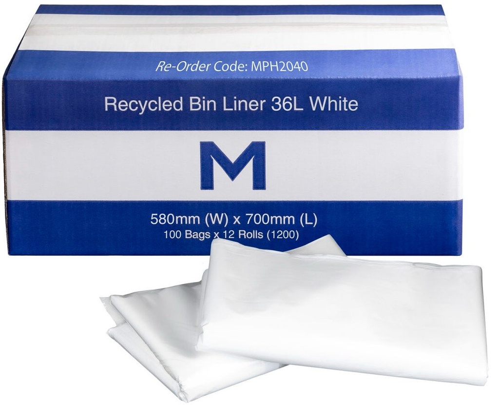 [MPH2040] FP Recycled Bin Liner 36L - White, 580mm x 700mm x 20mu (Box of 1200 Bags)