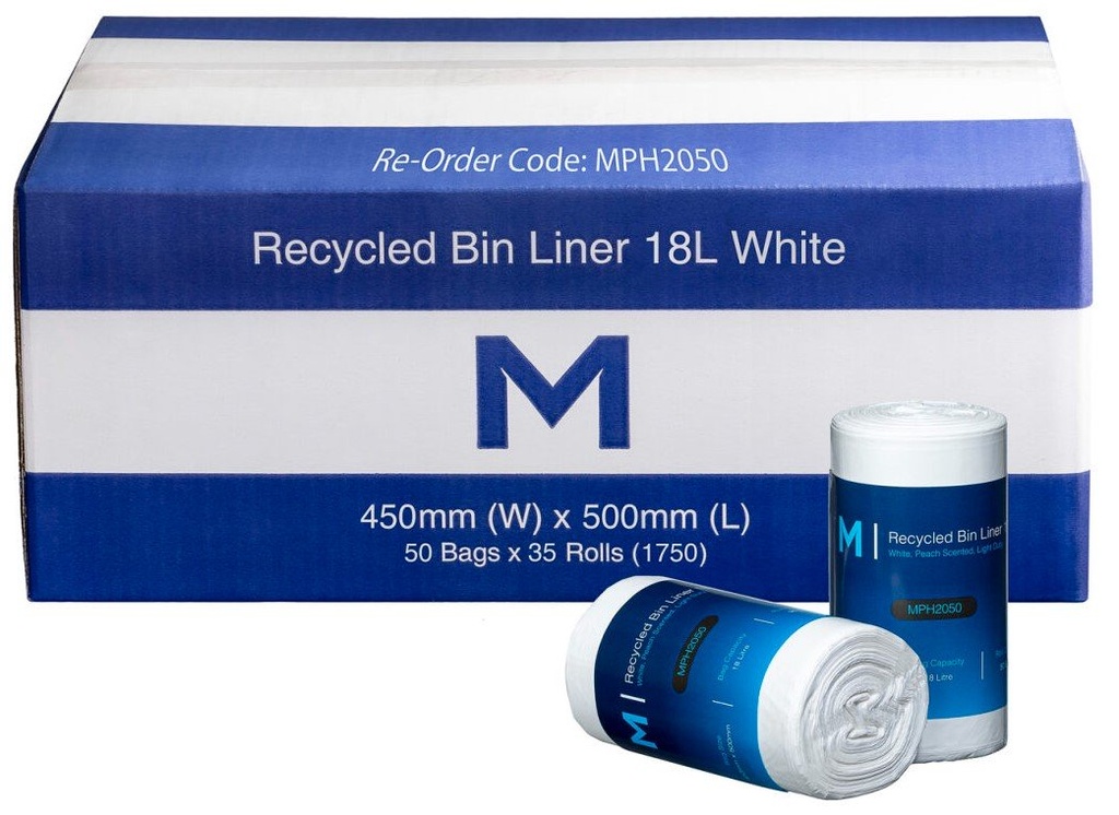 [MPH2050] POR Recycled Bin Liner 18L - White, 450mm x 500mm x 15mu *Peach Scented* (Box of 1750 Bags)