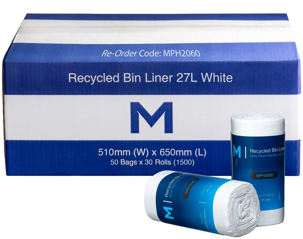 POR Recycled Bin Liner 27L - White, 510mm x 650mm x 15mu *Peach Scented* (Box of 1500 Bags)