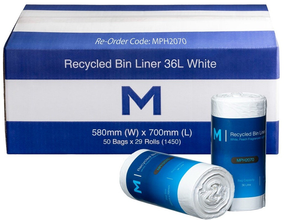 [MPH2070] POR Recycled Bin Liner 36L - White, 580mm x 700mm x 15mu *Peach Scented* (Box of 1450 Bags)
