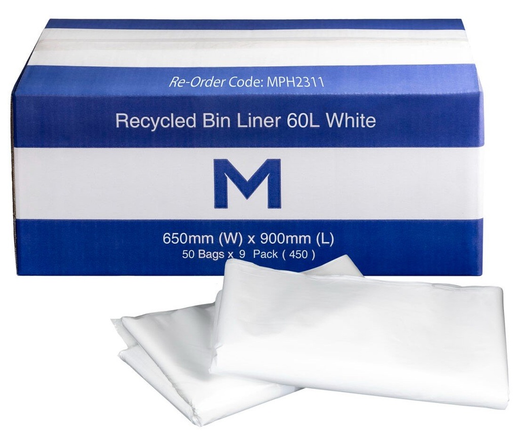 [MPH2311] FP Recycled Bin Liner 60L - White, 650mm x 900mm x 30mu (Box of 450 Bags)