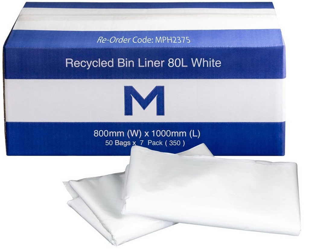 [MPH2375] FP Recycled Bin Liner 80L - White, 800mm x 1000mm x 30mu (Box of 350 Bags)