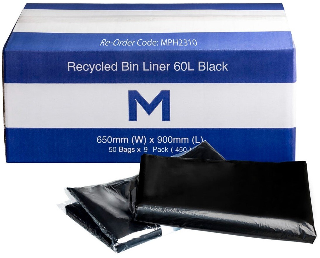 [MPH2310] FP Recycled Bin Liner 60L - Black, 650mm x 900mm x 30mu (Box of 450 Bags)