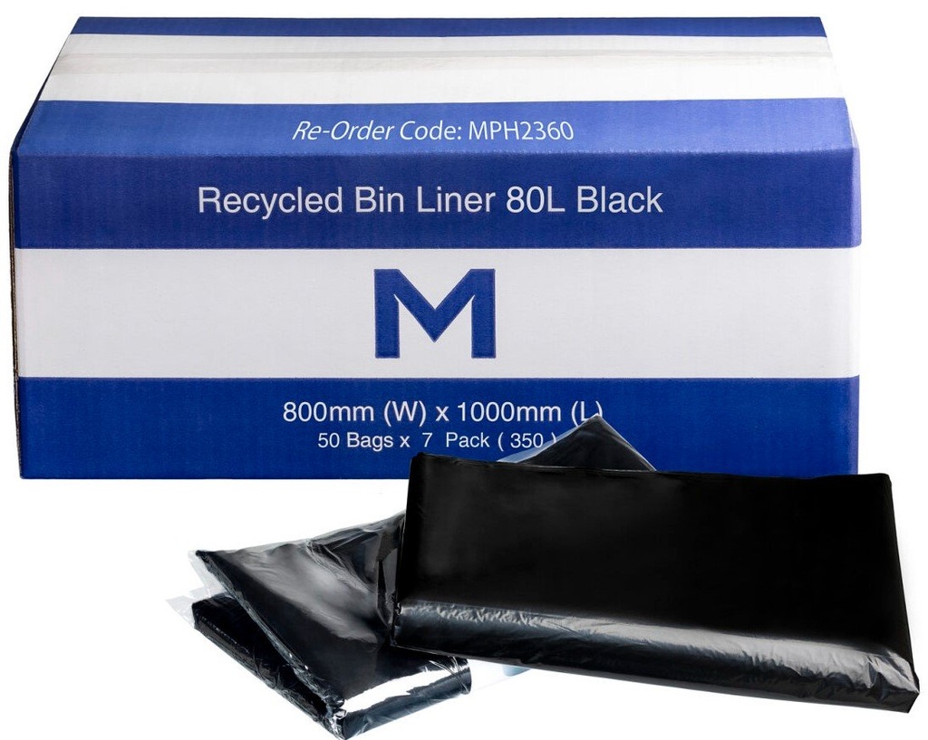 [MPH2360] FP Recycled Bin Liner 80L - Black, 800mm x 1000mm x 30mu (Box of 350 Bags)