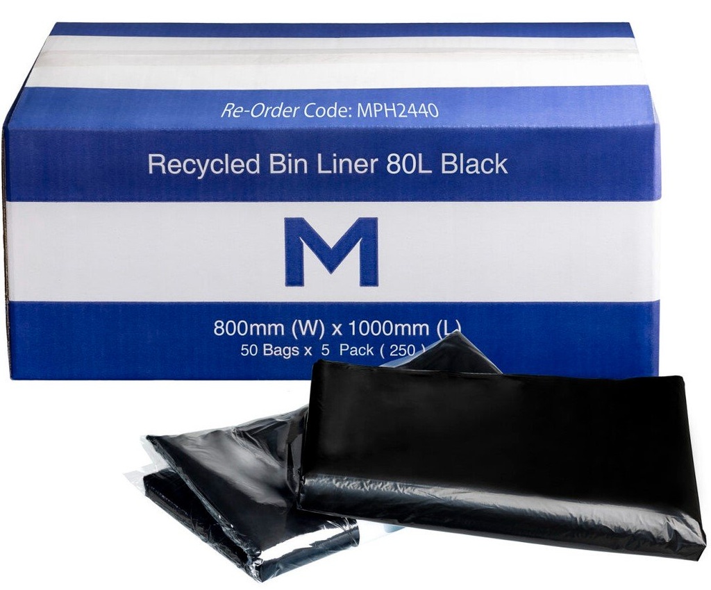 [MPH2480] FP Recycled Bin Liner 80L - Black, 800mm x 1000mm x 60mu (Box of 150 Bags)