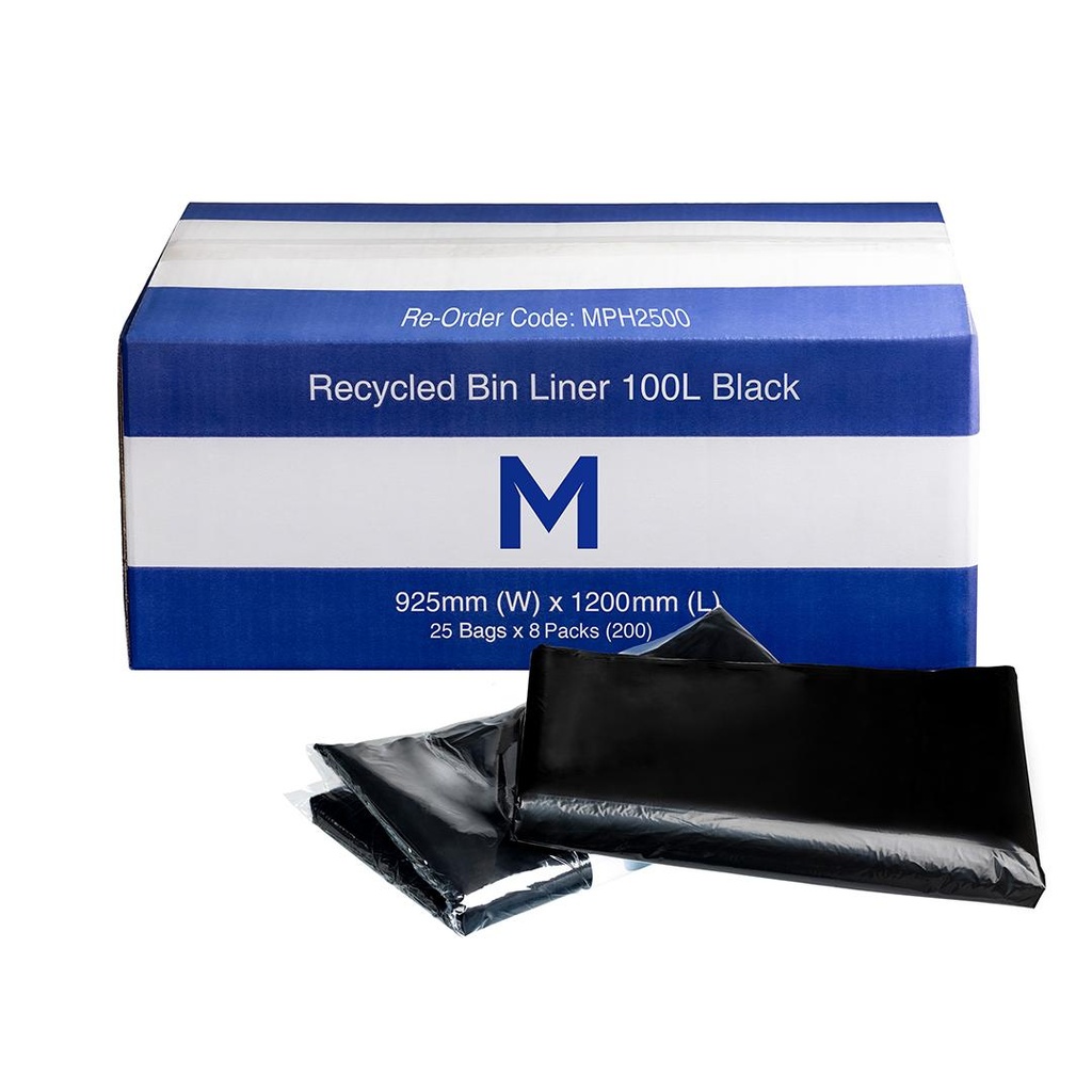 [MPH2500] FP Recycled Bin Liner 100L - Black, 925mm x 1200mm x 30mu (Box of 225 Bags)