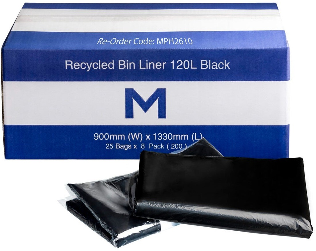 [MPH2610] FP Recycled Bin Liner 120L - Black, 900mm x 1330mm x 30mu (Box of 200 Bags)