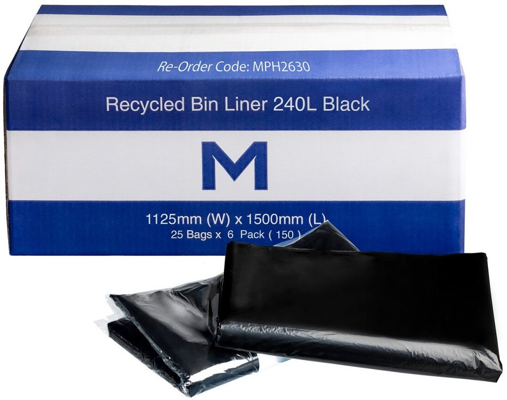 [MPH2630] FP Recycled Bin Liner 240L - Black, 1125mm x 1500mm x 30mu (Box of 150 Bags)