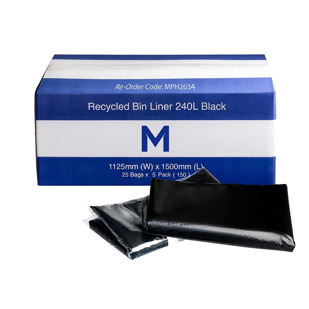 [MPH2634] FP Recycled Bin Liner 240L - Black, 1125mm x 1500mm x 40mu (Box of 125 Bags)