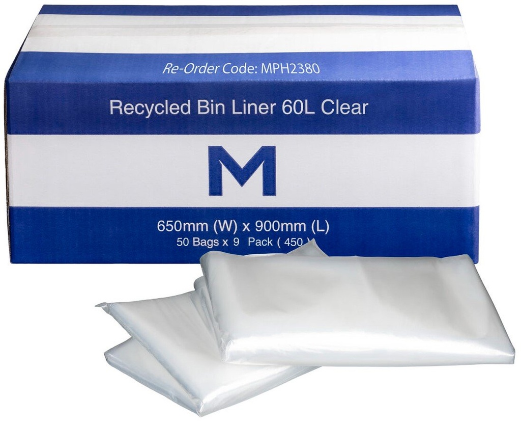 [MPH2380] FP Recycled Bin Liner 60L - Clear, 650mm x 900mm x 30mu (Box of 450 Bags)