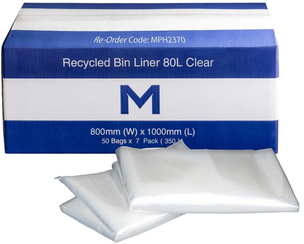 [MPH2370] FP Recycled Bin Liner 80L - Clear, 800mm x 1000mm x 30mu (Box of 350 Bags)