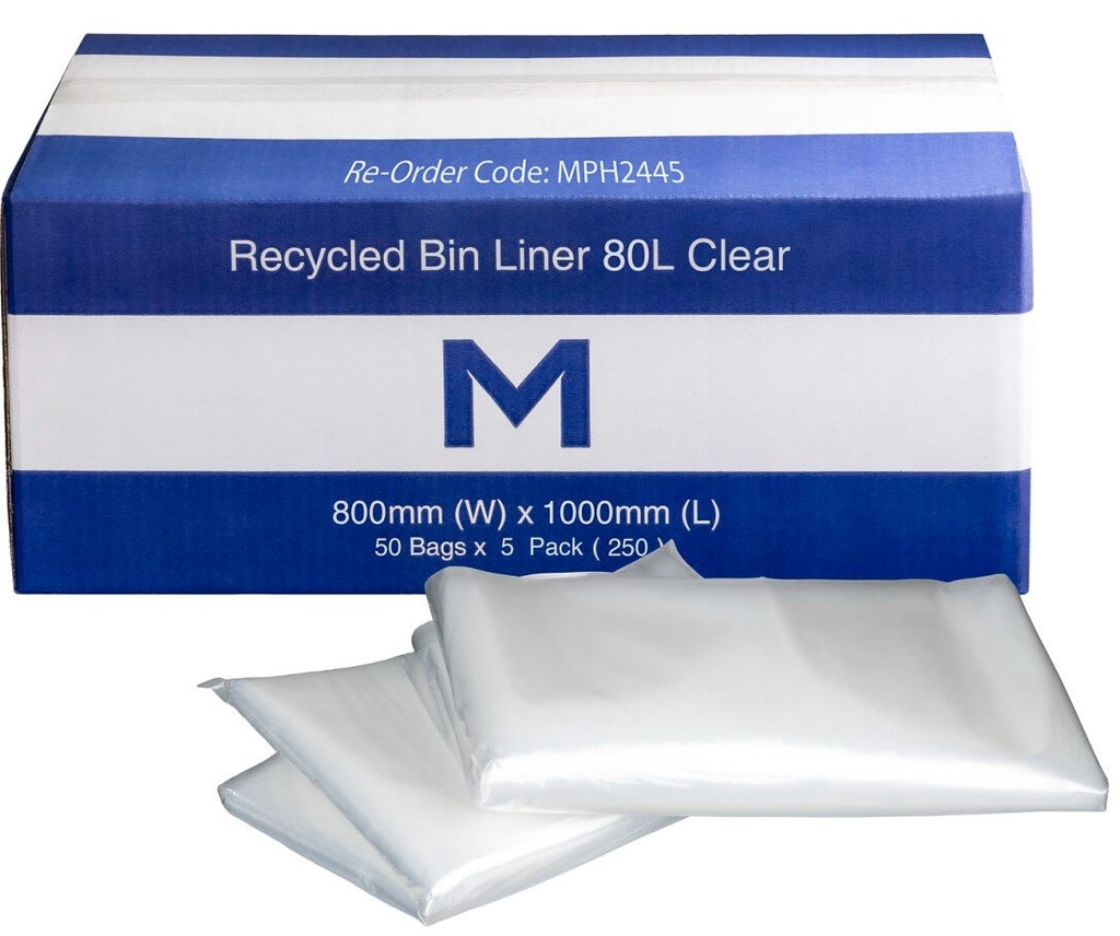 [MPH2445] FP Recycled Bin Liner 80L - Clear, 800mm x 1000mm x 40mu (Box of 250 Bags)