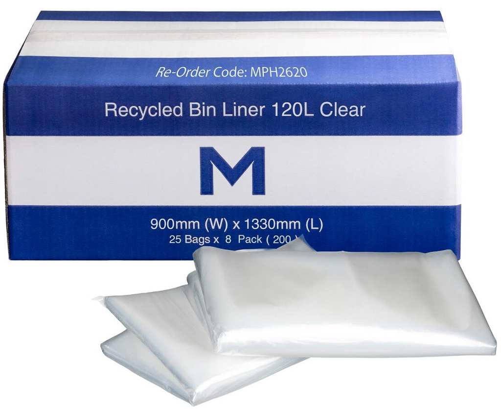 [MPH2620] FP Recycled Bin Liner 120L - Clear, 900mm x 1330mm x 30mu (Box of 200 Bags)