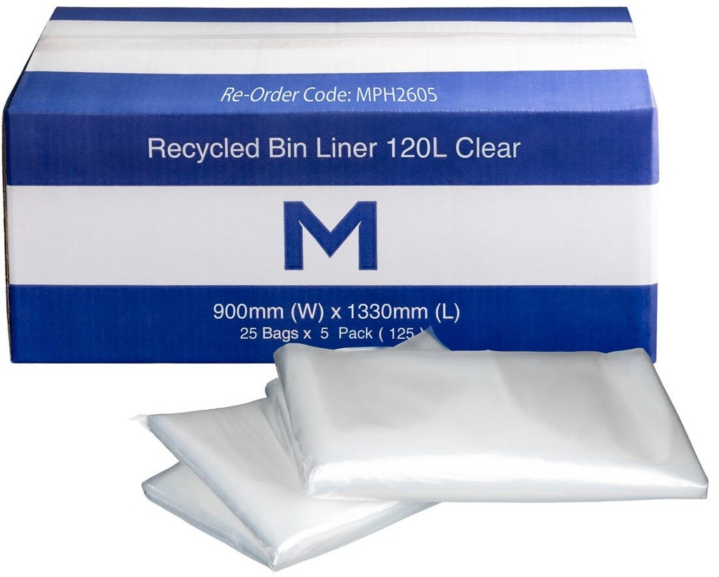 [MPH2605] FP Recycled Bin Liner 120L - Clear, 900mm x 1330mm x 50mu (Box of 125 Bags)