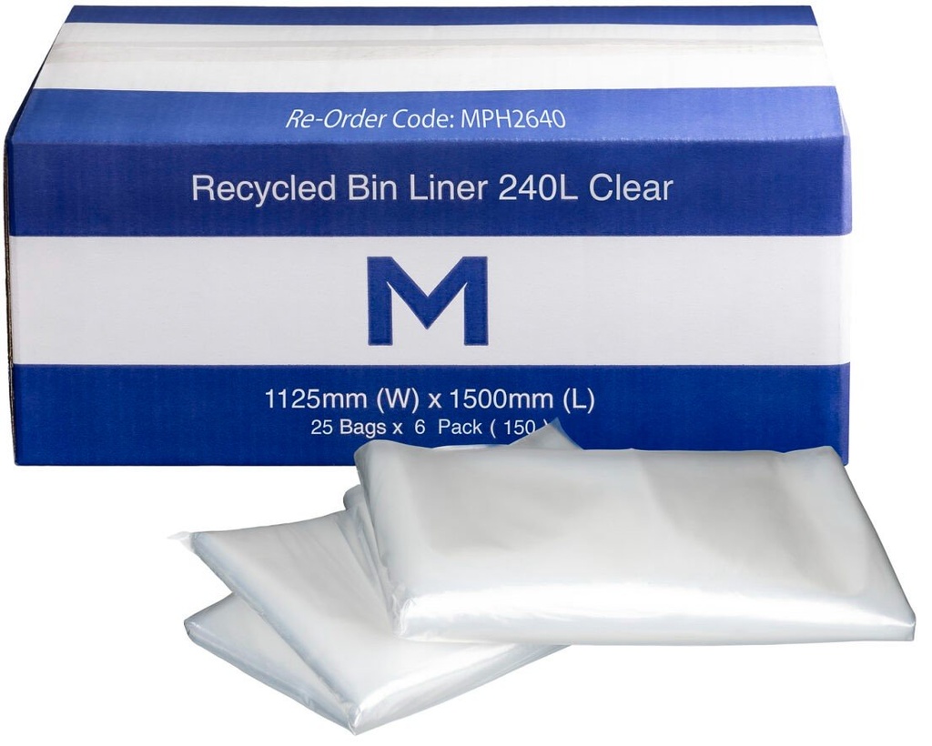 [MPH2640] FP Recycled Bin Liner 240L - Clear, 1125mm x 1500mm x 30mu (Box of 150 Bags)