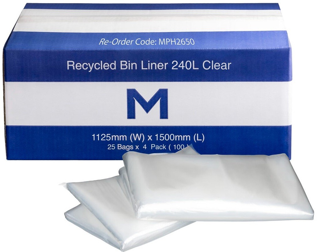 [MPH2650] FP Recycled Bin Liner 240L - Clear, 1125mm x 1500mm x 50mu (Box of 100 Bags)