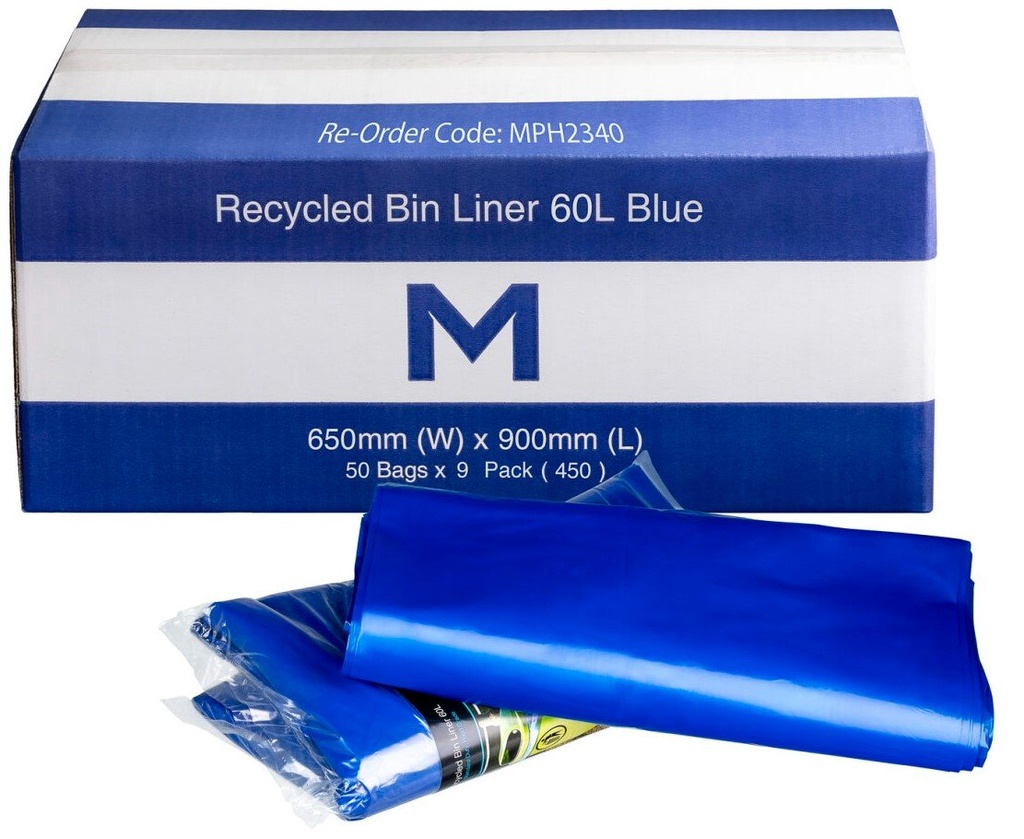 FP Recycled Bin Liner 60L - Blue, 650mm x 900mm x 30mu (Box of 450 Bags)