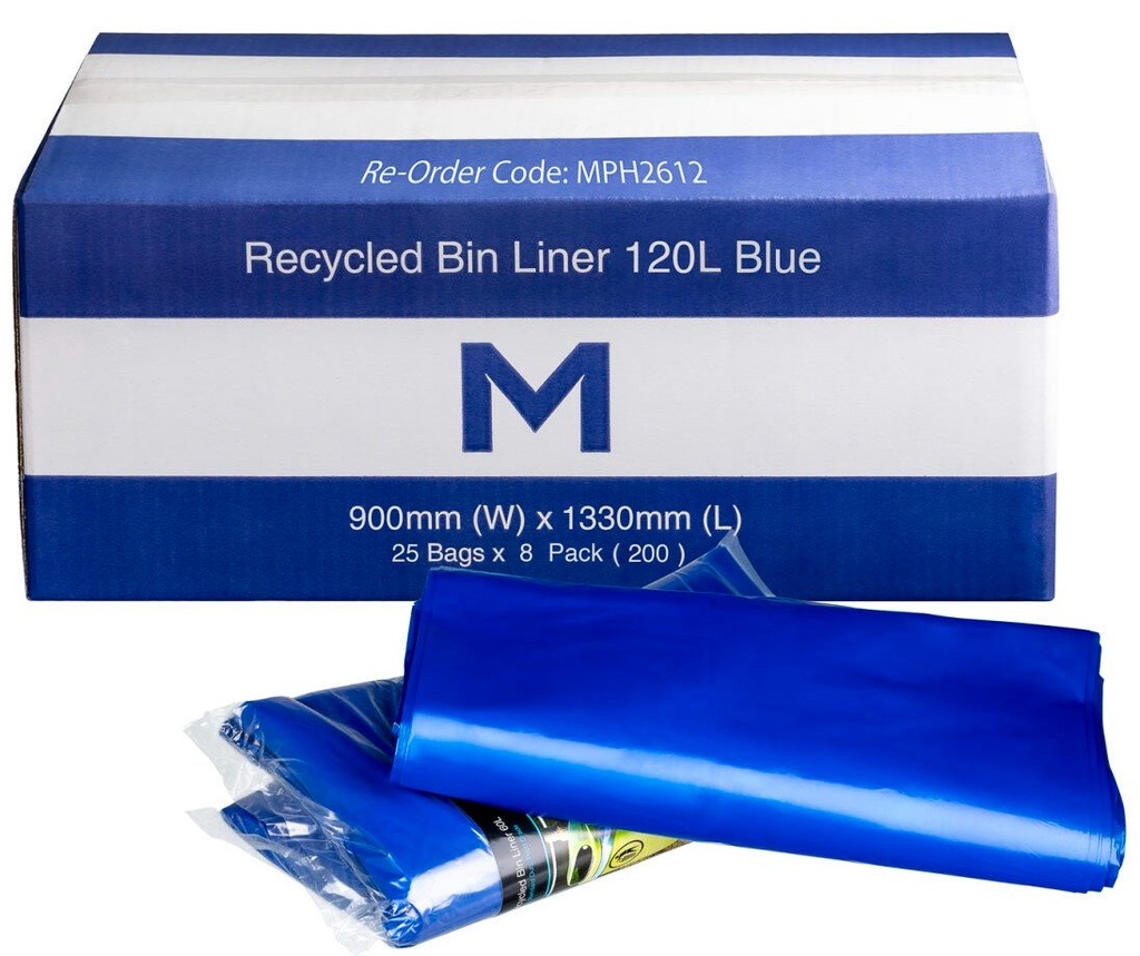 [MPH2612] FP Recycled Bin Liner 120L - Blue, 900mm x 1330mm x 30mu (Box of 200 Bags)