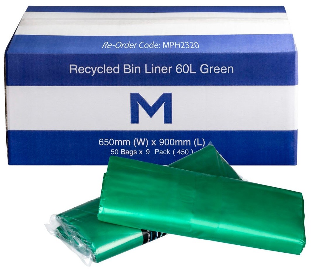 FP Recycled Bin Liner 60L - Green, 650mm x 900mm x 30mu (Box of 450 Bags)