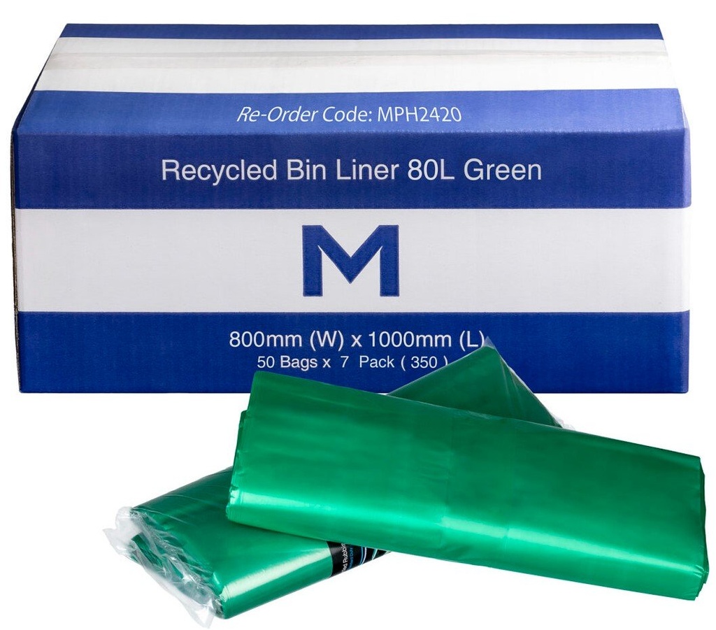 [MPH2420] FP Recycled Bin Liner 80L - Green, 800mm x 1000mm x 30mu (Box of 350 Bags)