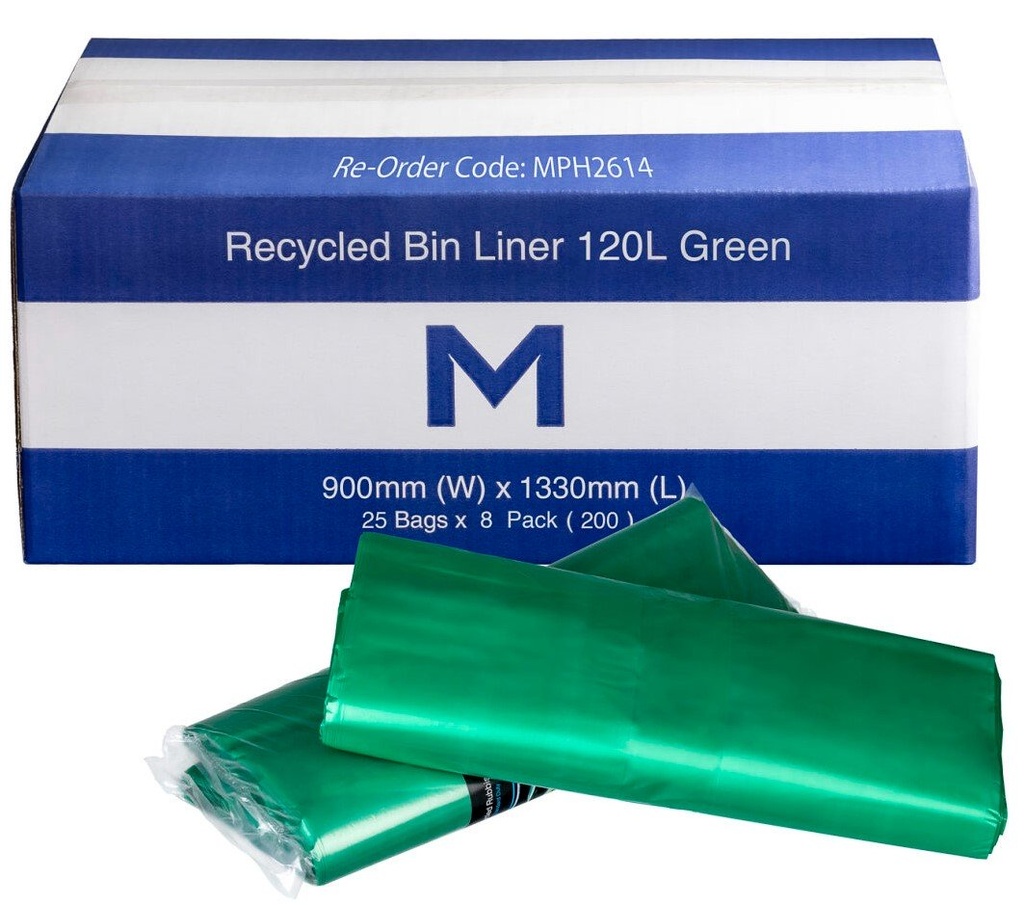 [MPH2614] FP Recycled Bin Liner 120L - Green, 900mm x 1330mm x 30mu (Box of 200 Bags)