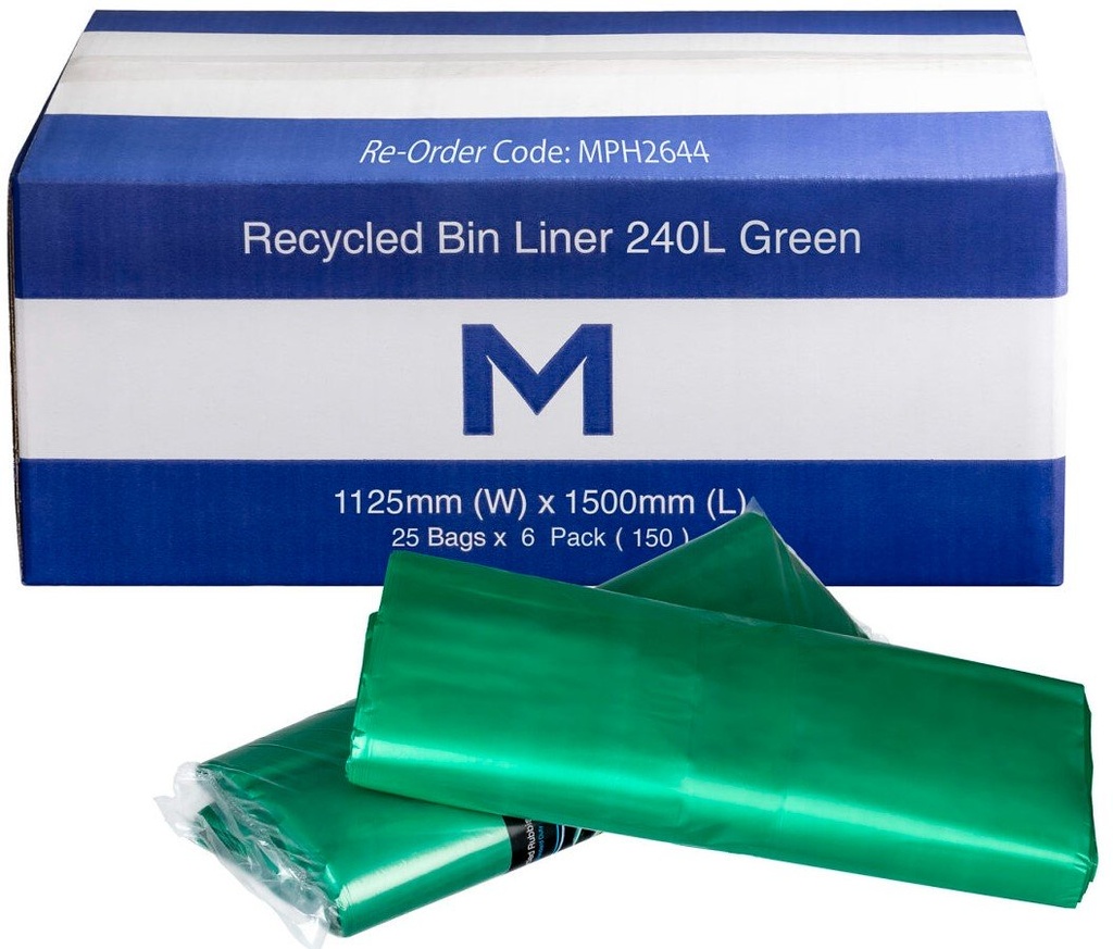 [MPH2644] FP Recycled Bin Liner 240L - Green, 1125mm x 1500mm x 30mu (Box of 150 Bags)