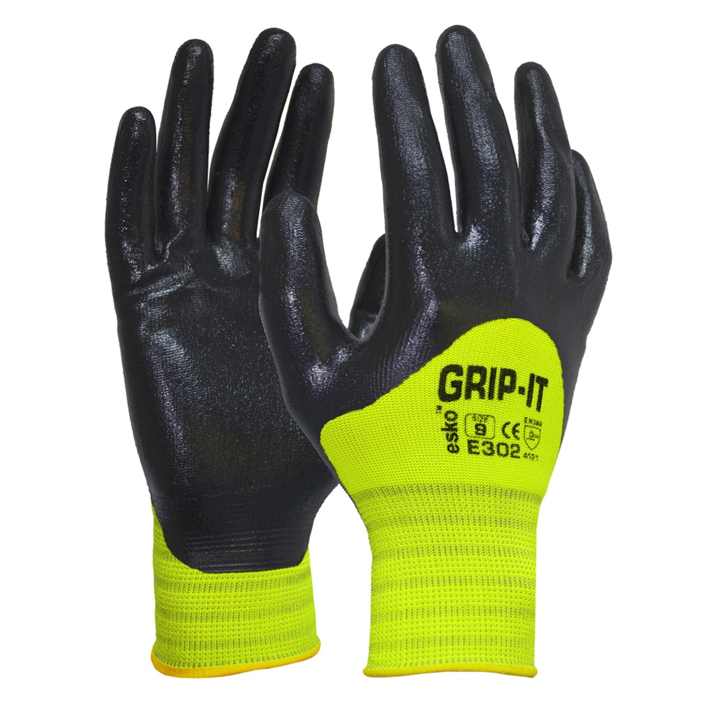 [E302-9(L)] ESKO 'GRIP-IT', Black Nitrile 3 4 Coated glove with Hi Vis Nylon Liner - Pack of 12 (9)
