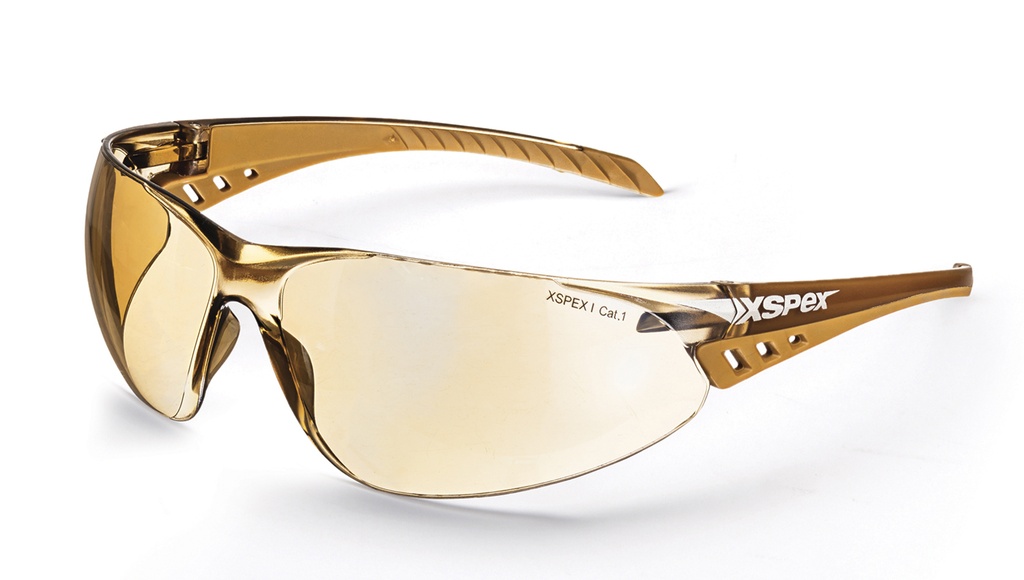 [E4004] XSPEX Safety Spec Lens, wraparound style, soft rubber sidearms, anti-fog & anti-scratch, ASNZS 1337.1 - Pack of 12 (Bronze)