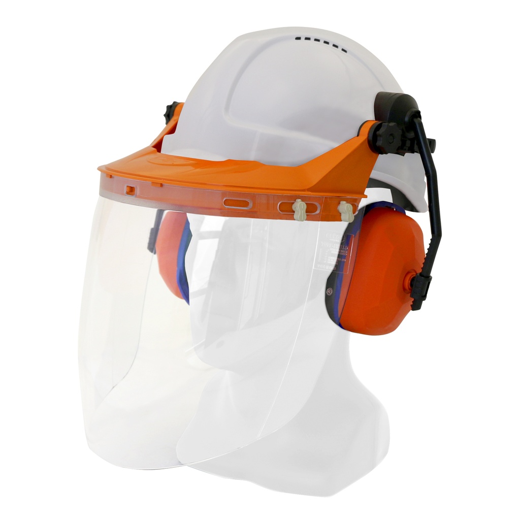 Hard Hat Clear Visor Combo including RATCHET Hard Hat, Ear Muffs, Browguard attachment, and Clear Visor