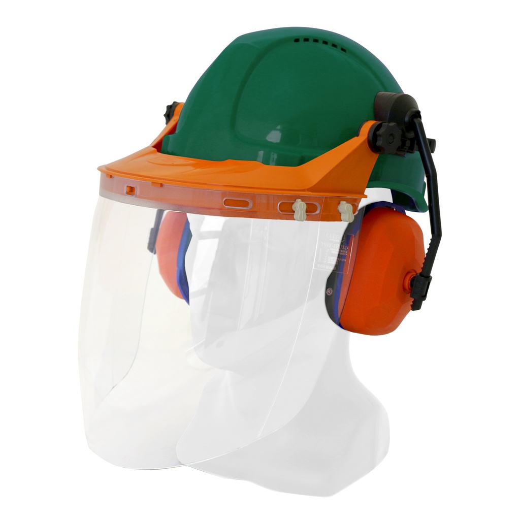Hard Hat Clear Visor Combo including RATCHET Hard Hat, Ear Muffs, Browguard attachment, and Clear Visor