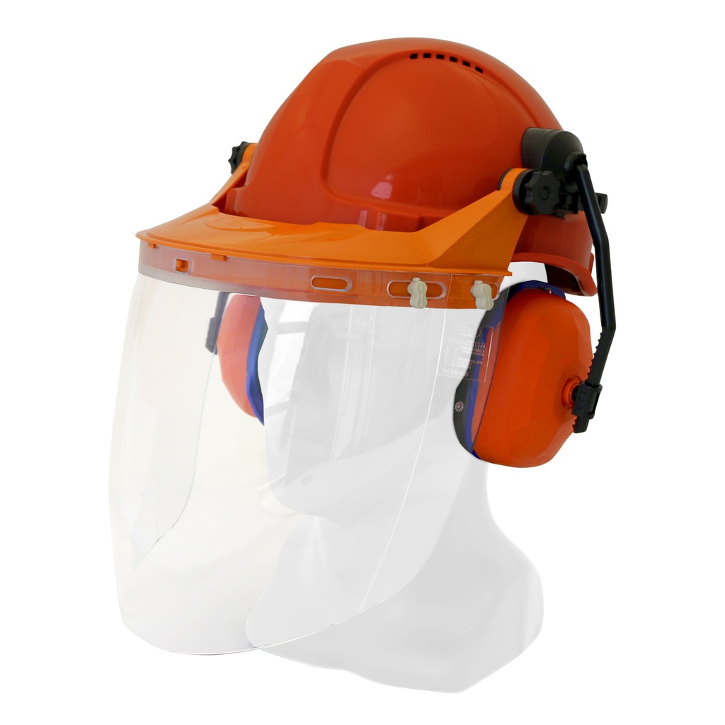 [TN1R-VC-NO] Hard Hat Clear Visor Combo including Neon RATCHET Hard Hat, Ear Muffs, Browguard attachment, and Clear Visor (Orange)